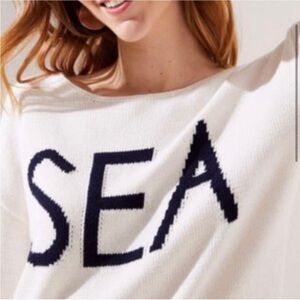 Ann Taylor Loft ‘SEA’ Summer Boatneck Tunic Sweater White Navy Nautical